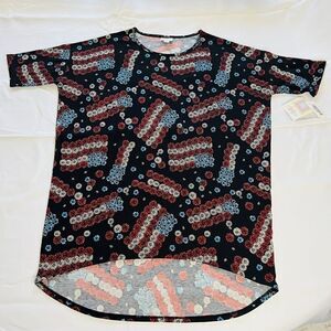 Lularoe Irma Tunic Shirt M Colorful Patriotic Americana Floral US Flags NWT 0716